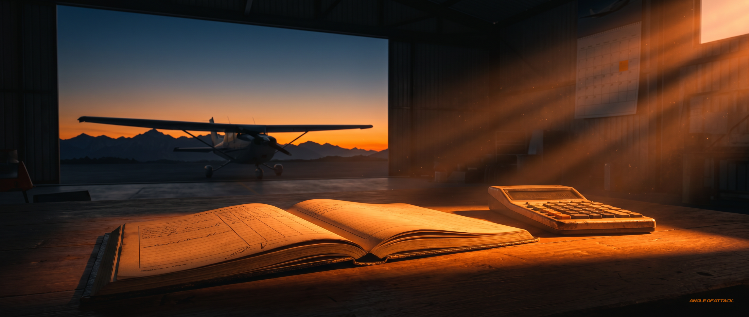 Pilot's logbook with calculator and airline calendar on a hangar table at sunset — Angle of Attack CFI to airlines path