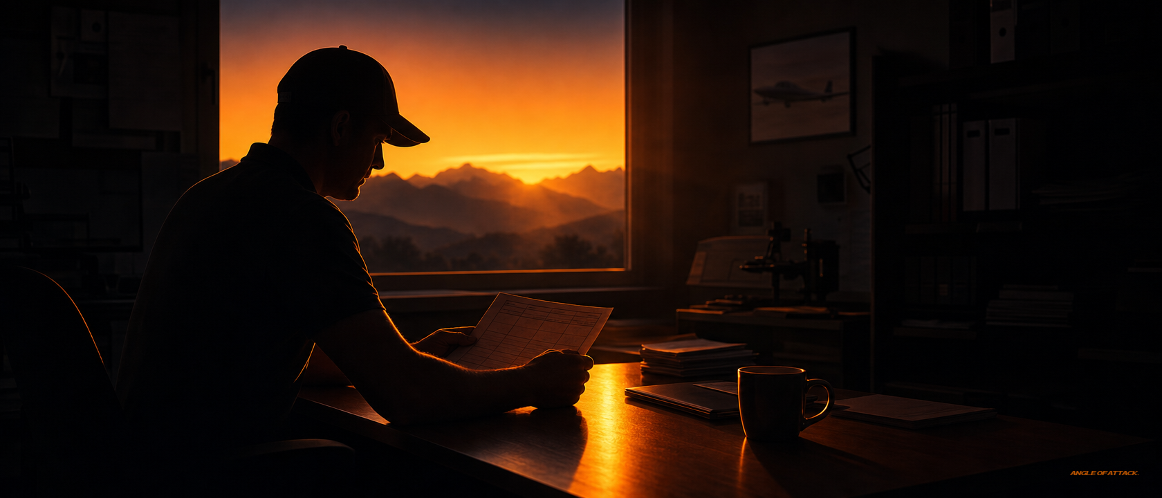 Working CFI at a flight school office desk reviewing student bookings at sunset — Angle of Attack 2026 average CFI salary