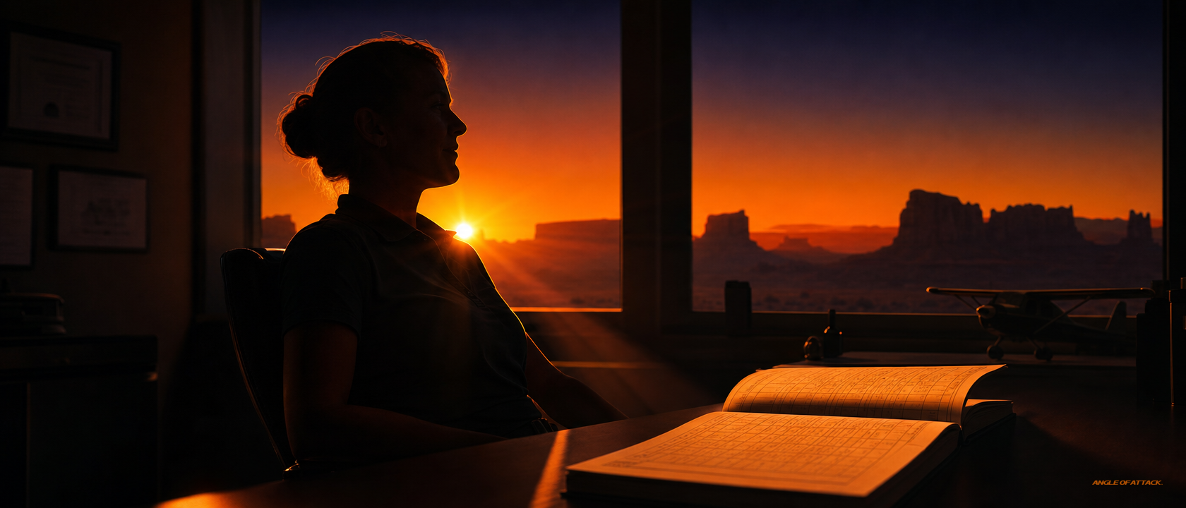 Senior CFI with confident posture at a flight school office desk at sunset — Angle of Attack CFI high-end earnings