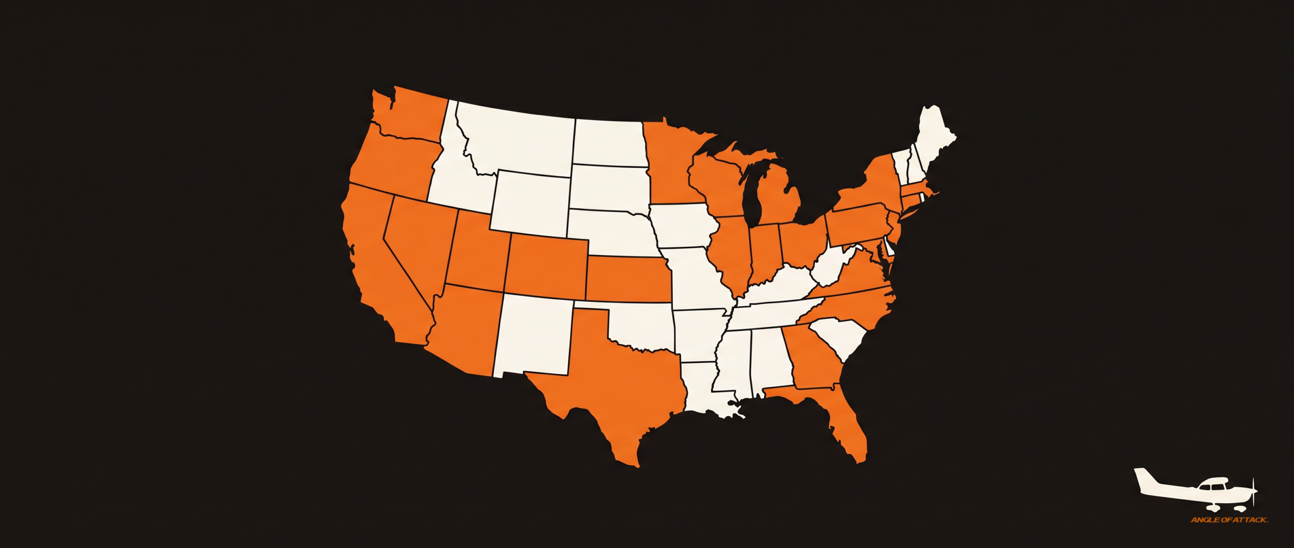 Stylized US map showing high-pay and low-pay CFI regions — Angle of Attack 2026 CFI regional salary
