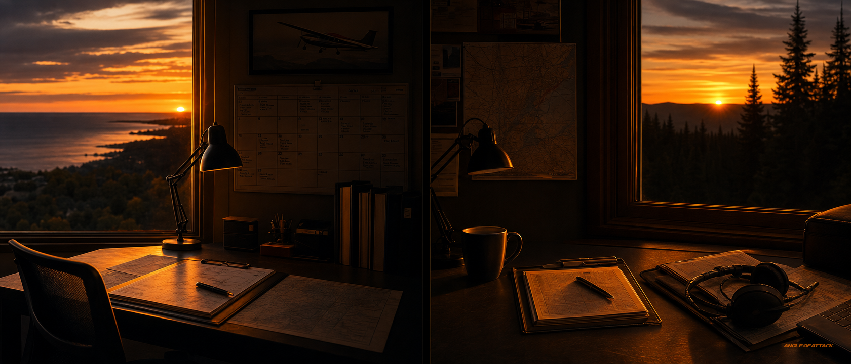 Split scene: flight school office desk vs home freelance setup at sunset — Angle of Attack CFI salaried vs hourly