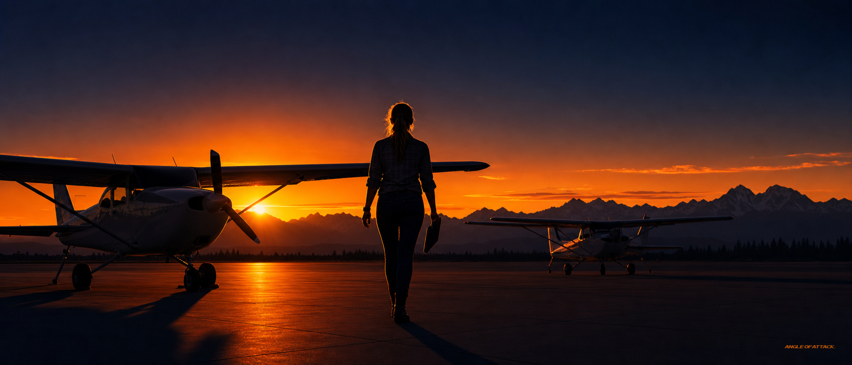 Two Cessna 172s on a sunset ramp suggesting scale and increased demand — Angle of Attack CFI pilot shortage effect