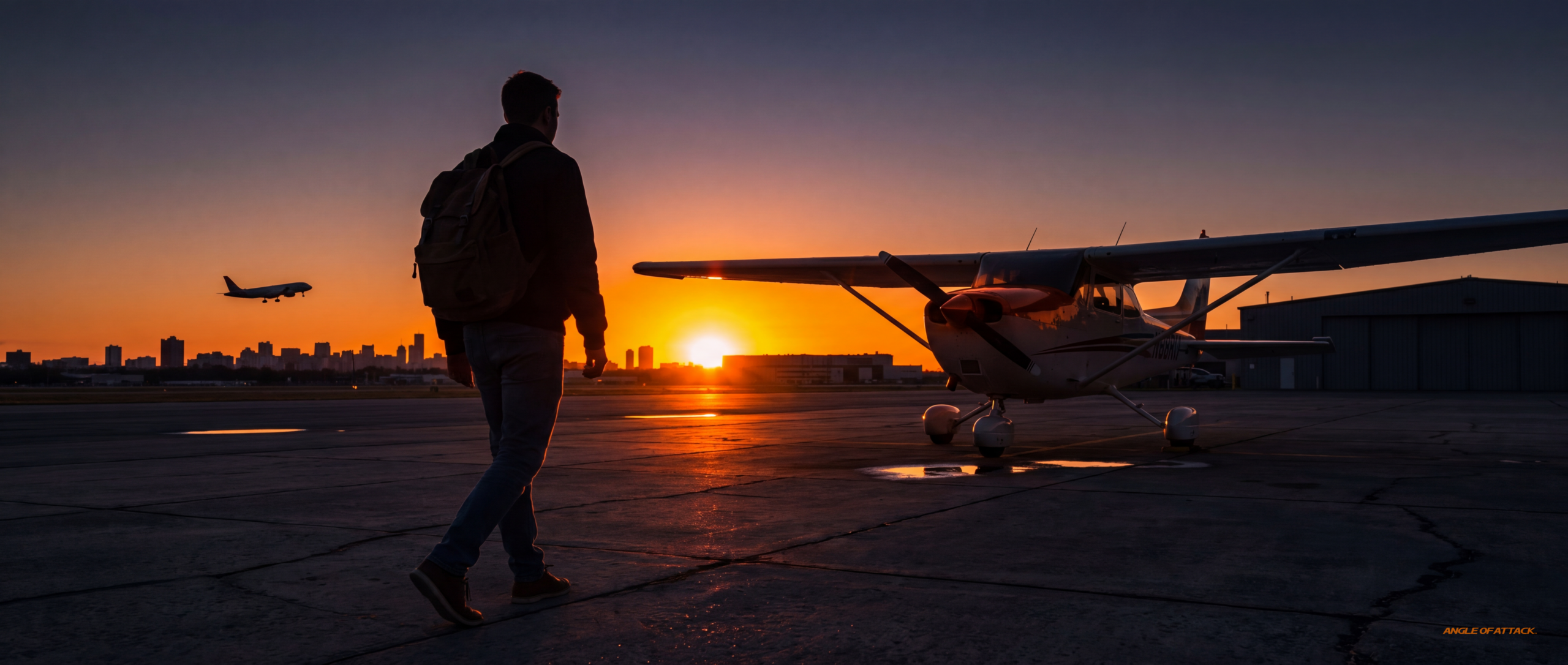 A CFI walking toward a Cessna with regional jet on the horizon at sunset — Angle of Attack from CFI to airlines path