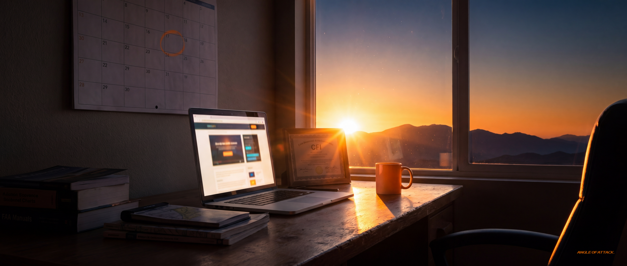 FIRC online study at sunset on a pilot's desk — Angle of Attack FIRC flight instructor refresher course