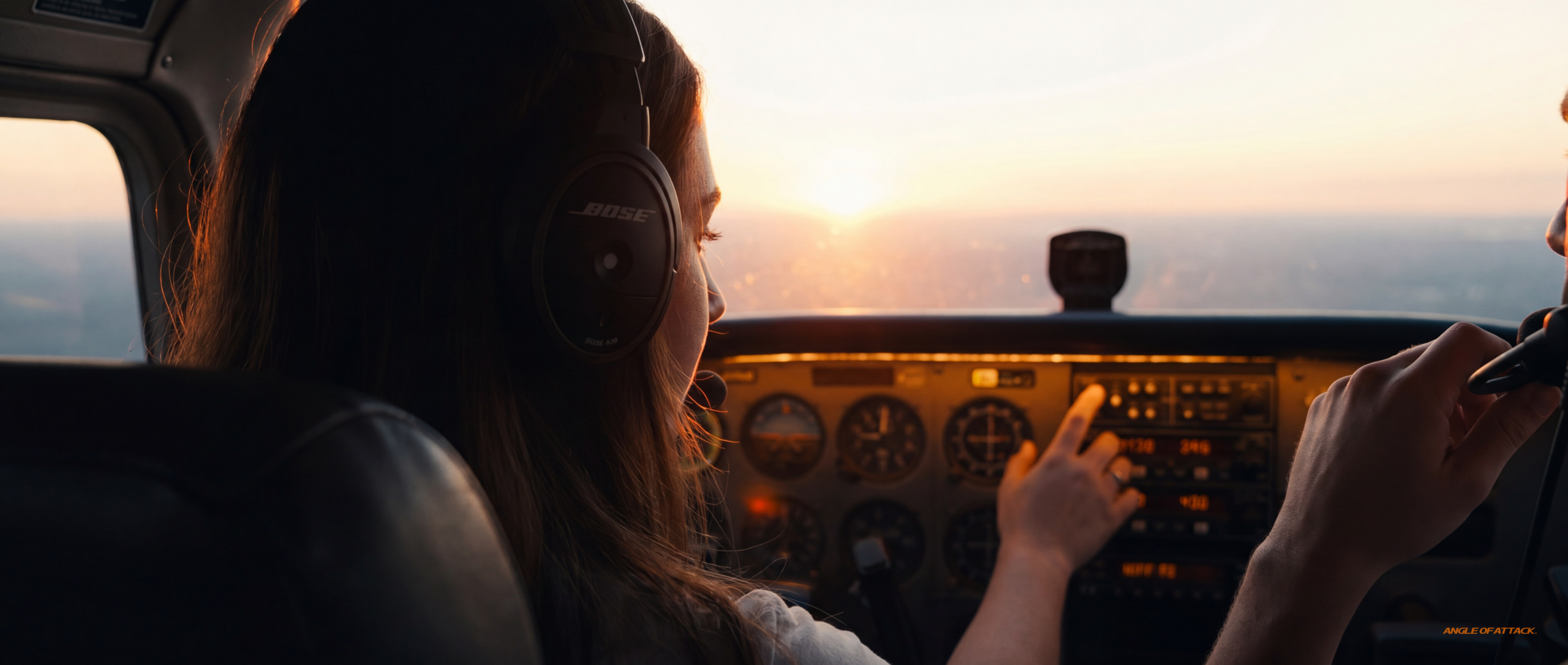 Radio call setup in cockpit at sunset — Angle of Attack how to teach radio communications