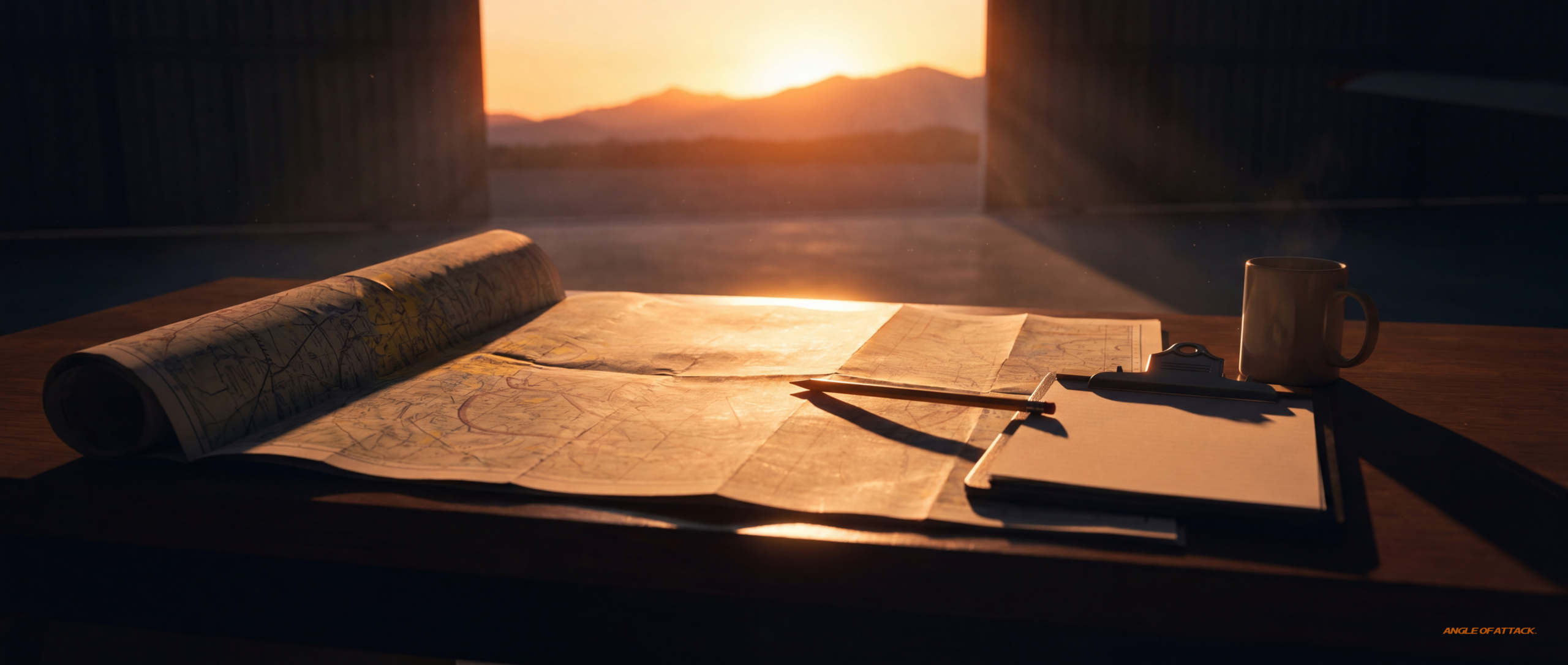 Paper sectional at sunset on a desk — Angle of Attack how to teach airspace and sectional charts