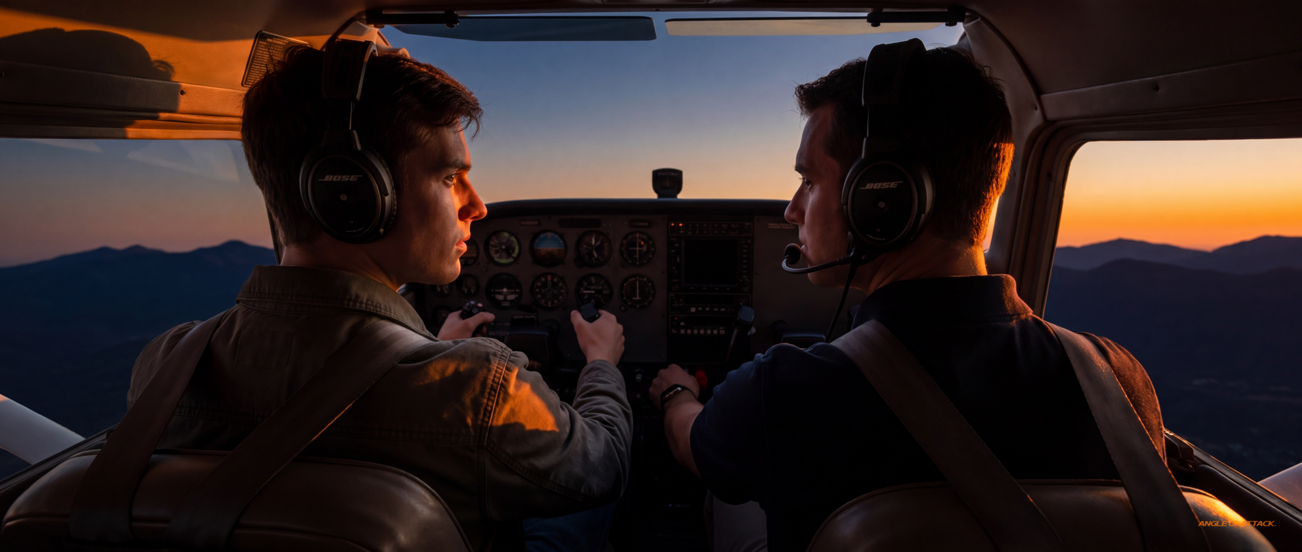 Cockpit teaching power-on stall at sunset — Angle of Attack how to teach power-on stalls