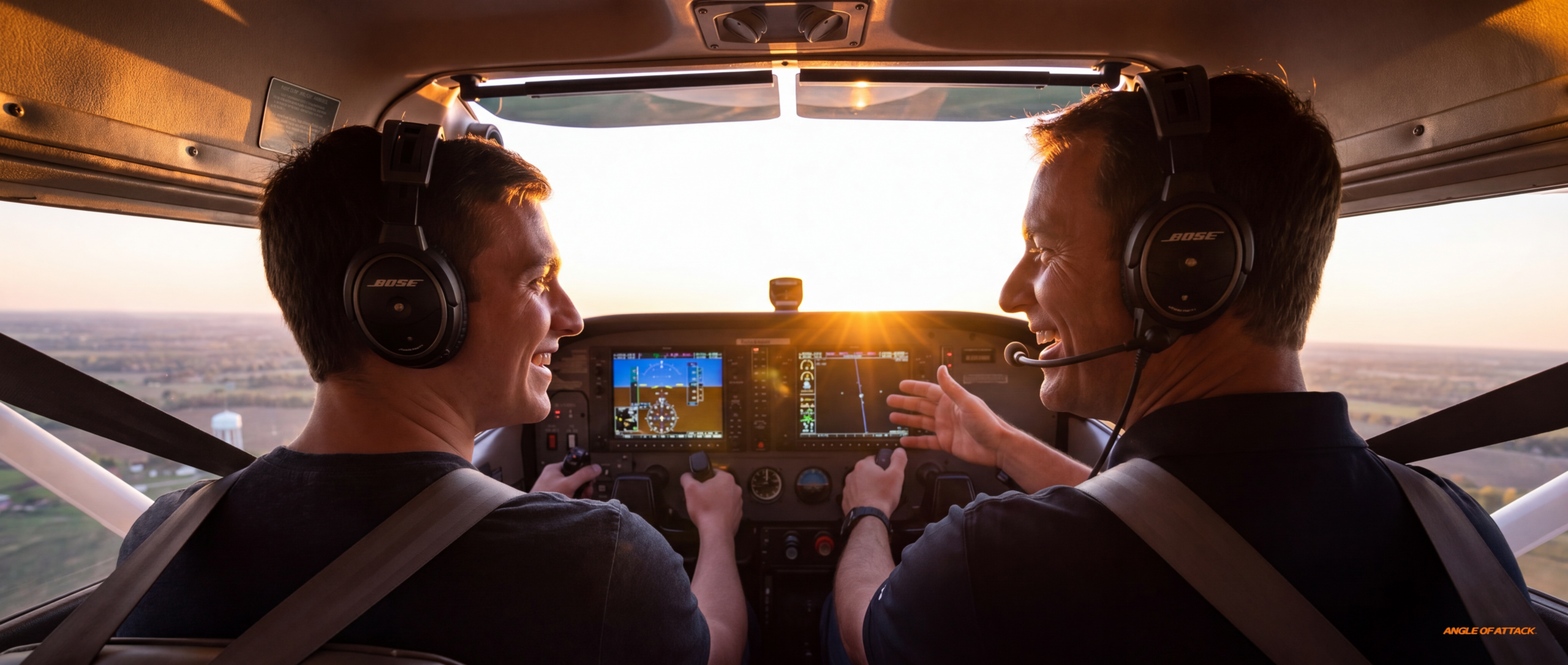 Cessna 172 banked over a ground reference at sunset — Angle of Attack how to teach eights-on-pylons