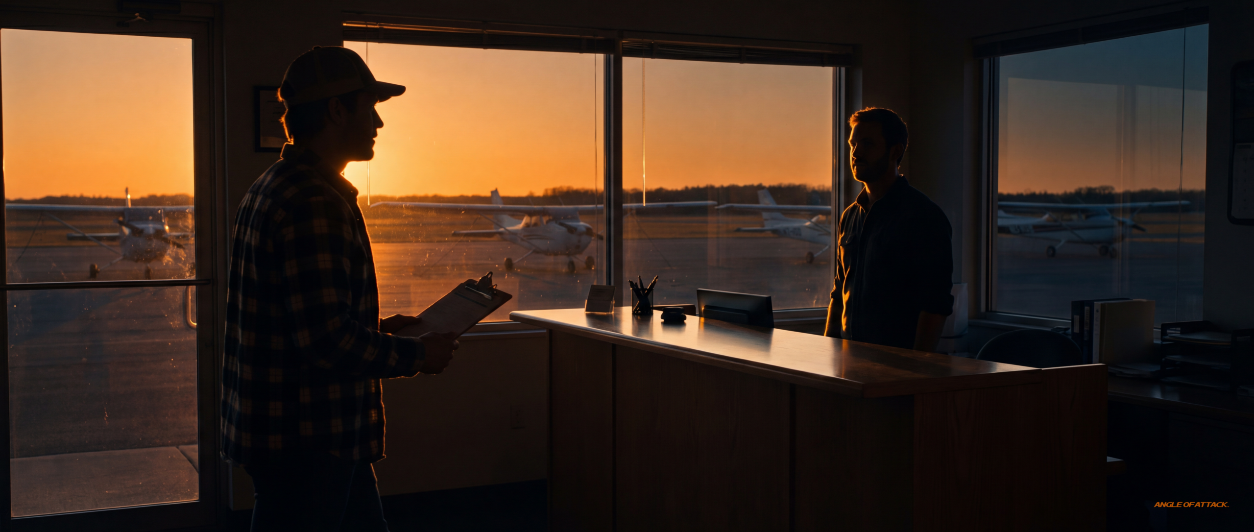 A new CFI in silhouette at a flight school front desk at sunset, walking in with a clipboard. A flight school manager (s