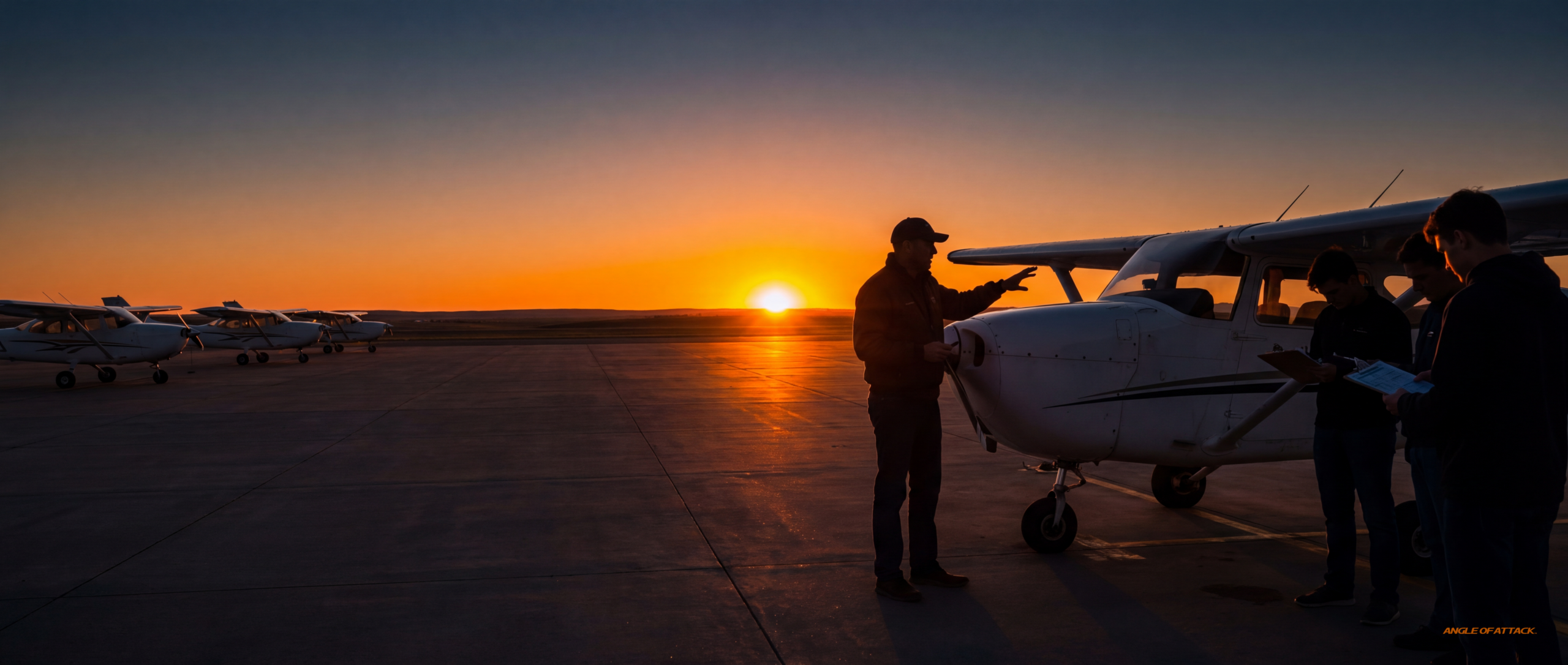CFI with a full student roster at sunset — Angle of Attack CFI marketing build a booked calendar