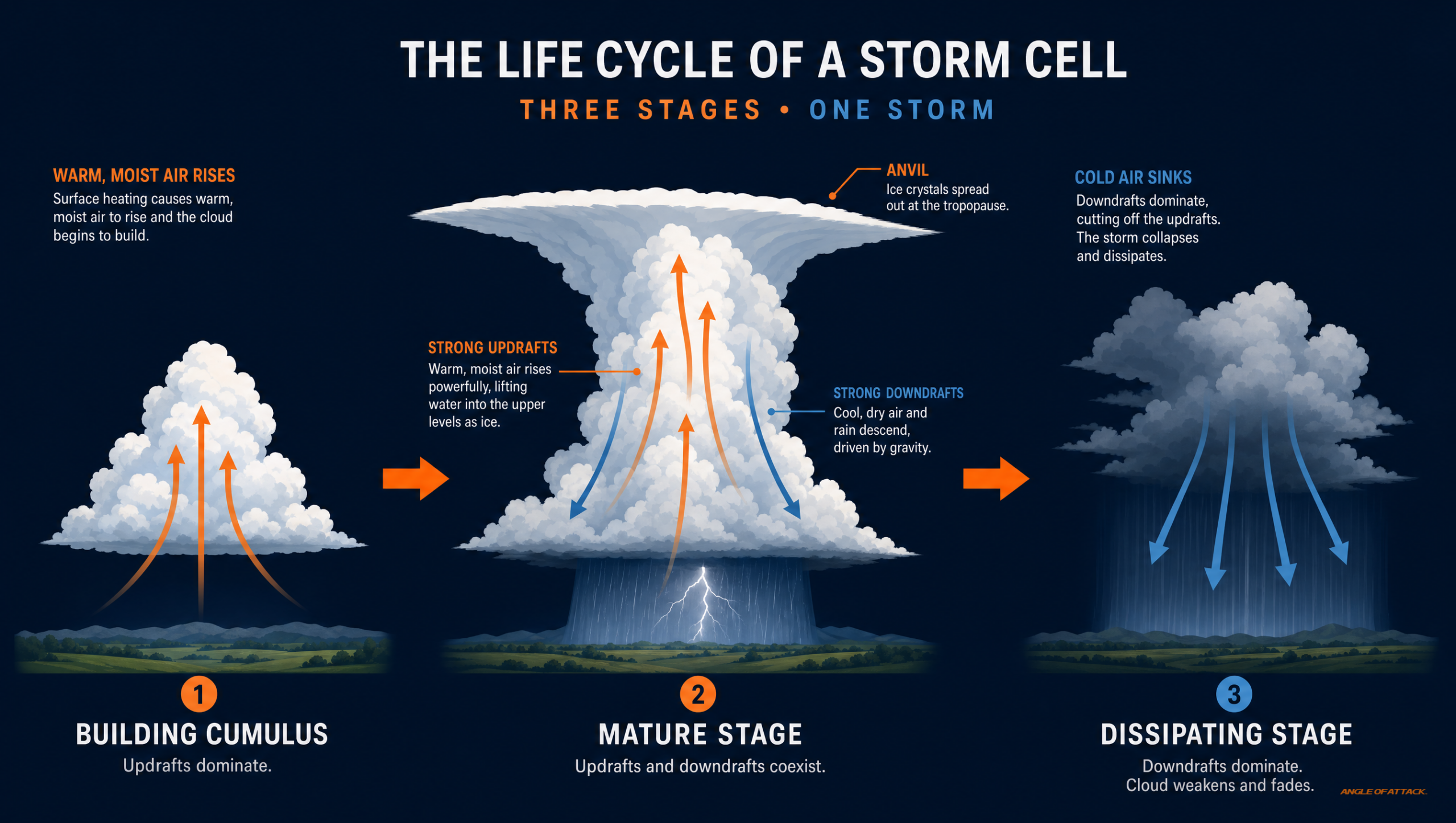 Three-panel progression of a thunderstorm cell through the cumulus, mature, and dissipating stages