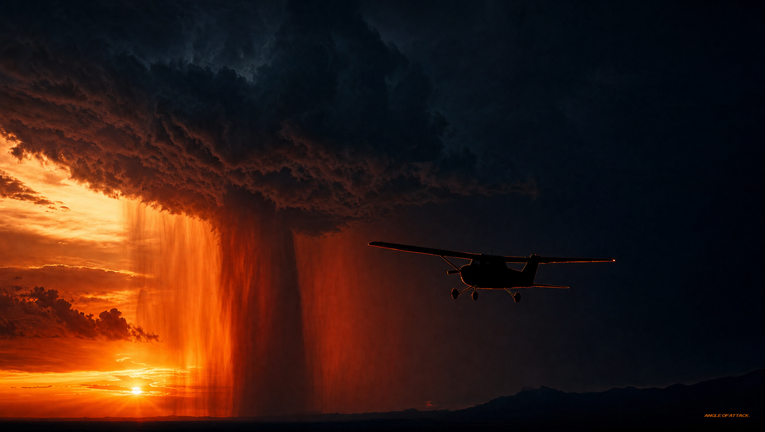 A heavy rain shaft falls from the base of a dark mature-stage storm cell with ragged cloud edges showing violent air motion