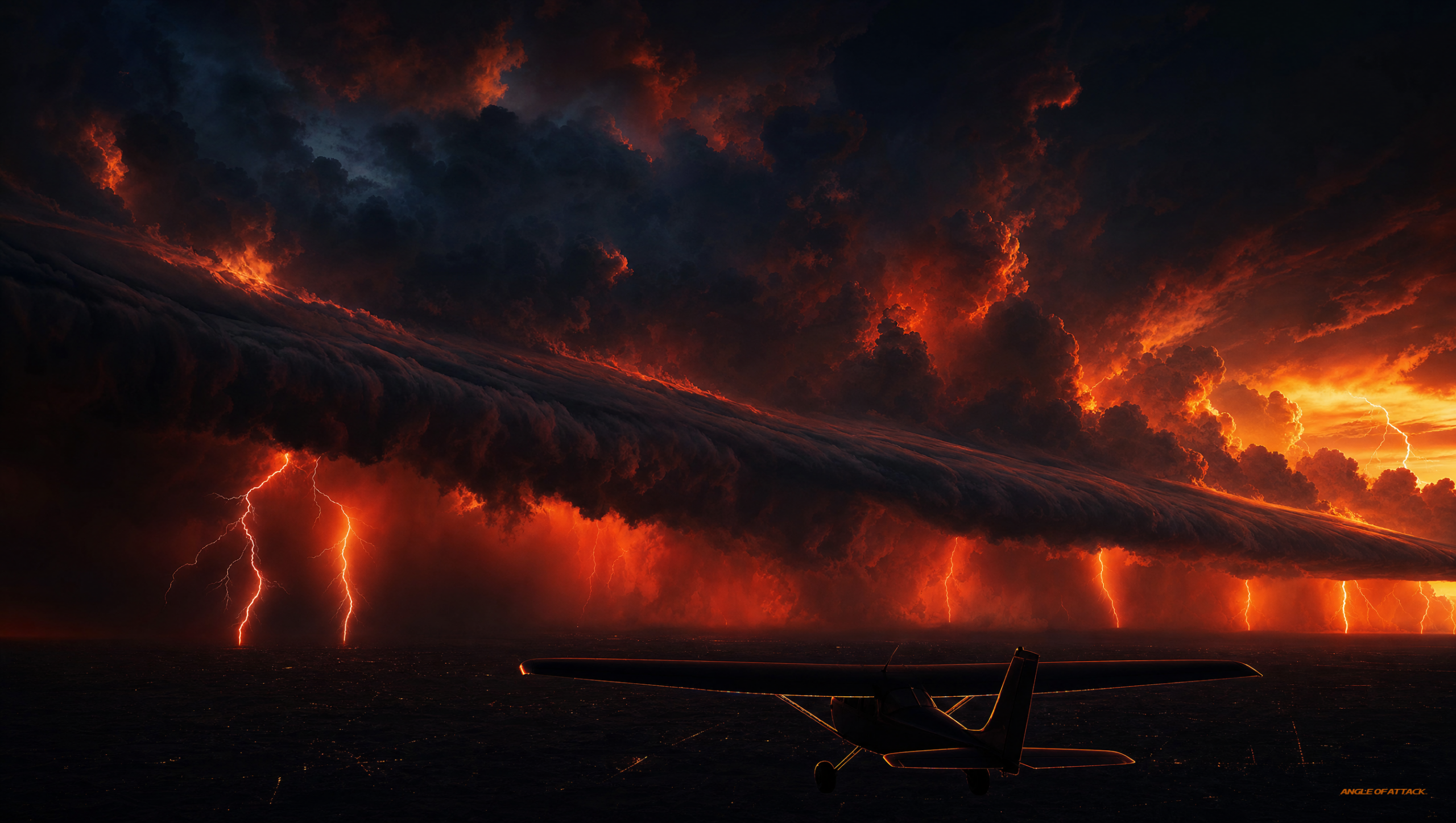 A long unbroken squall line of dark storm cells stretches across the horizon ahead of an aircraft with no usable gaps