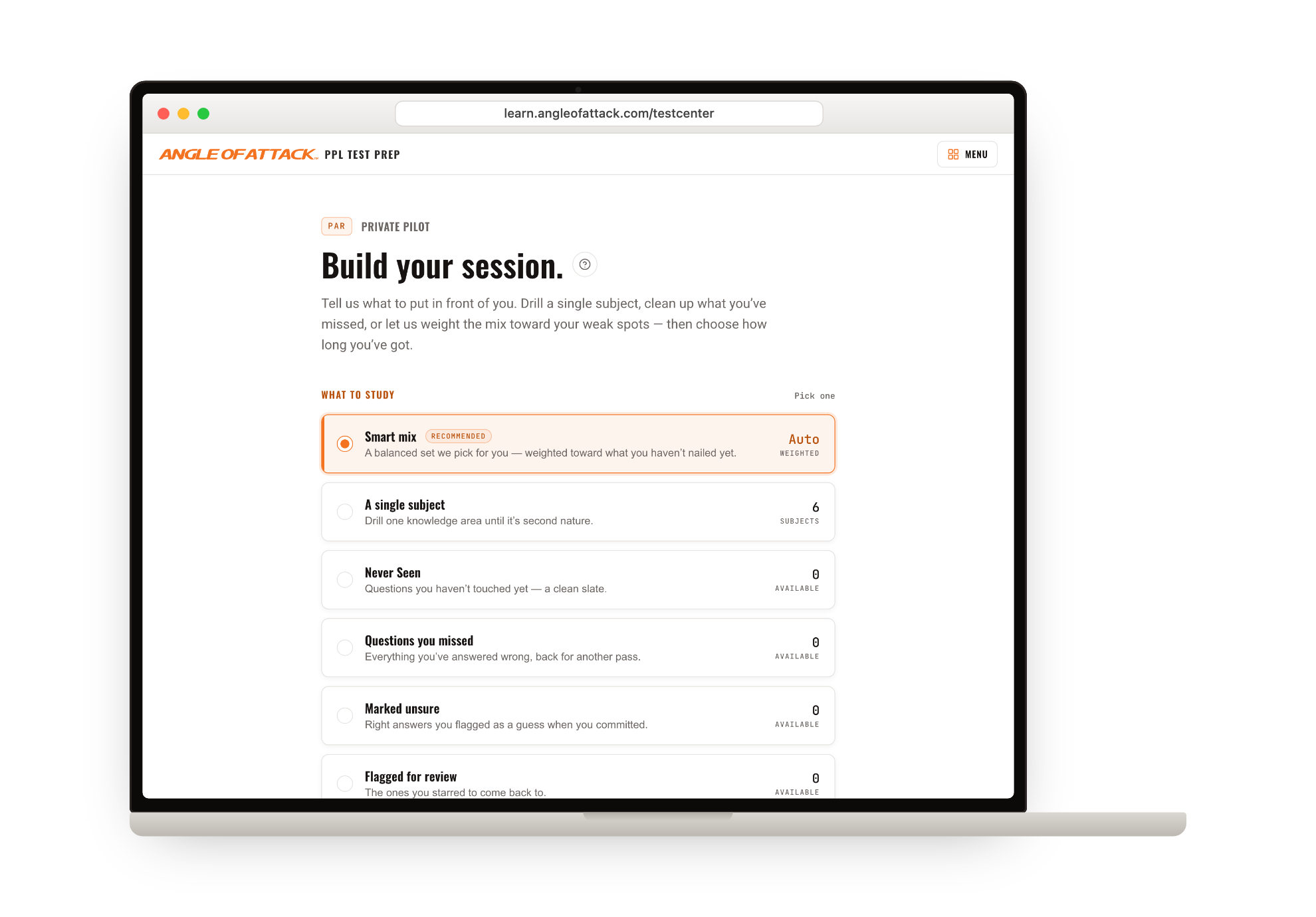 Smart Mix — build your study session, on a laptop